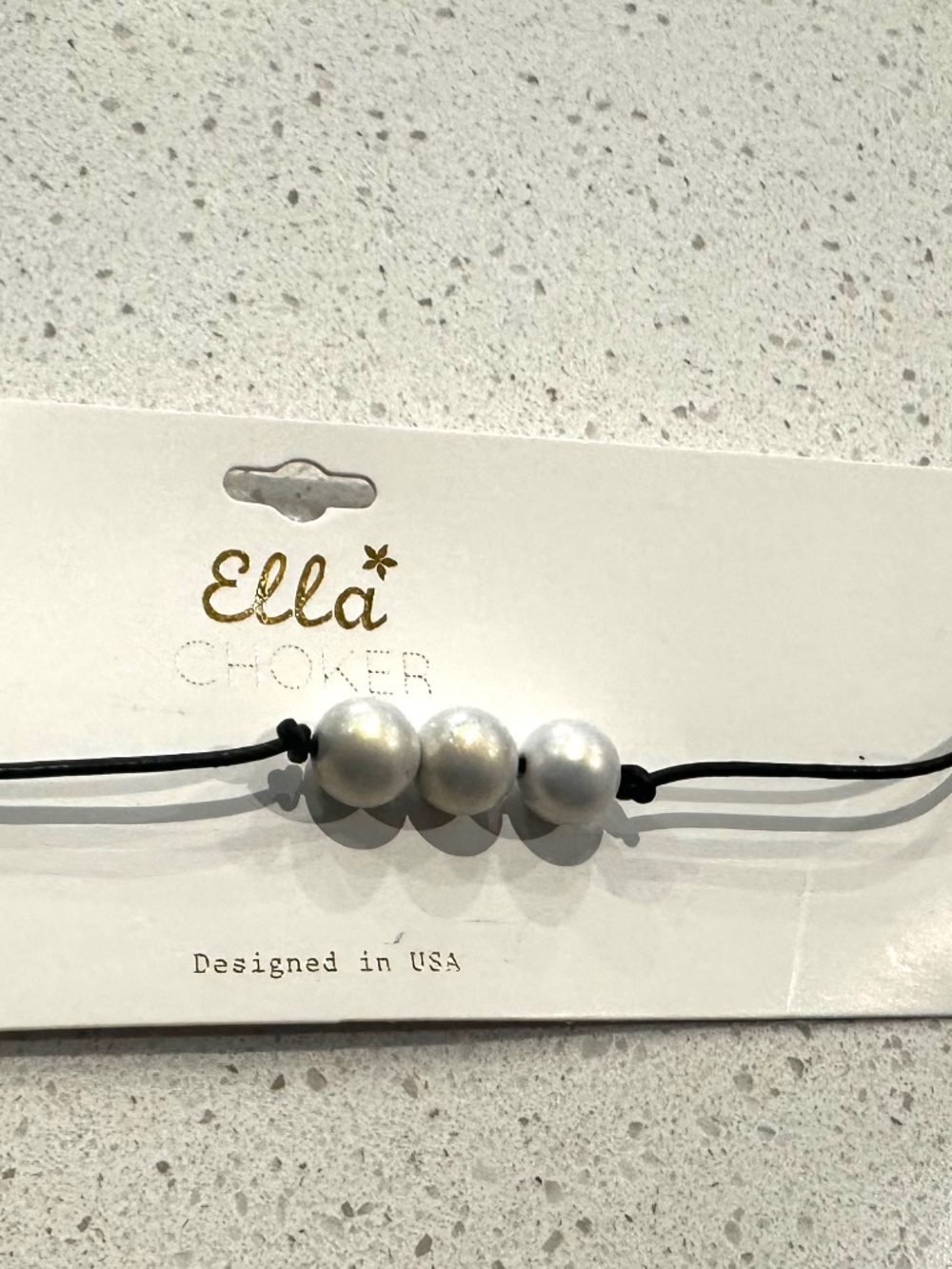 Ella brand choker necklace with 3 faux white pearls on cord with extender